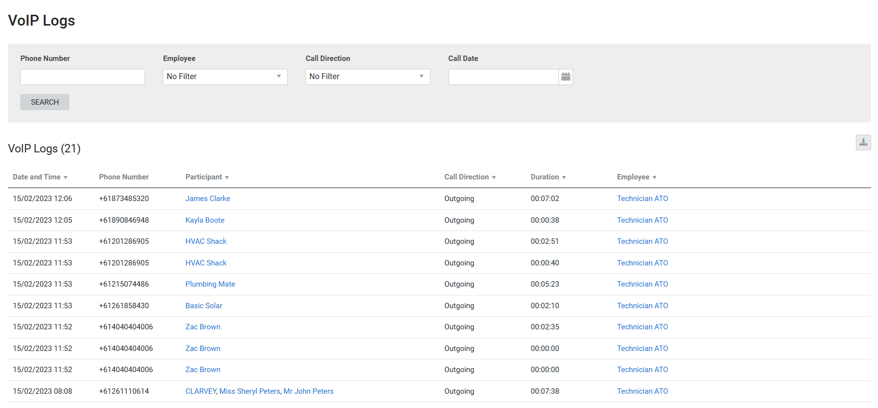 A screenshot of the VoIP Logs report.